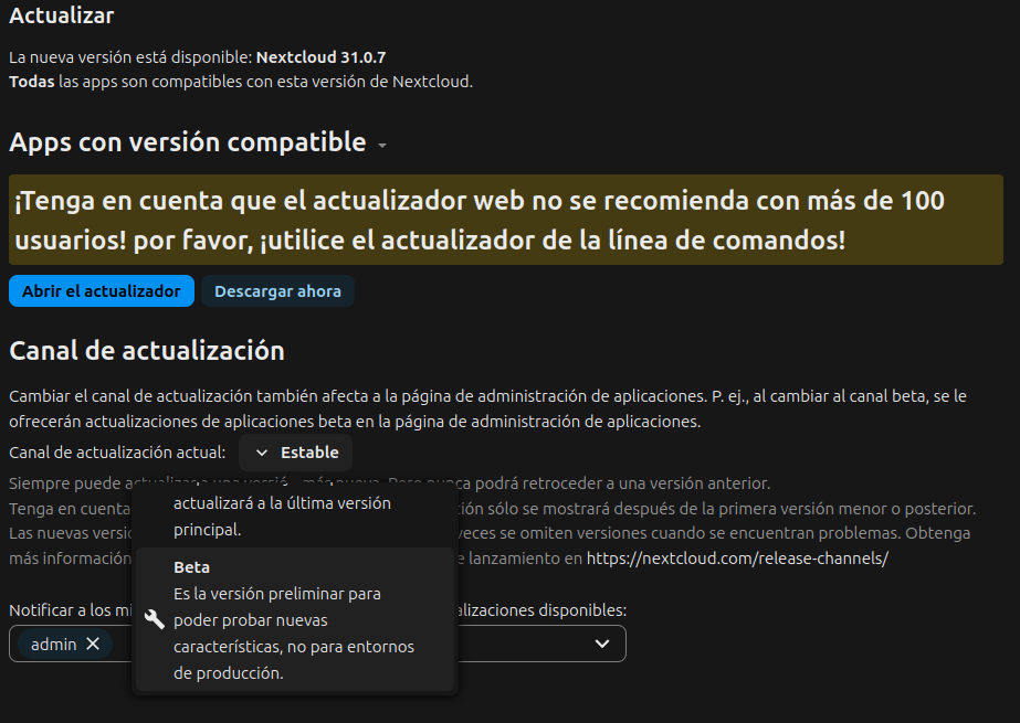 Canal beta de Nextcloud